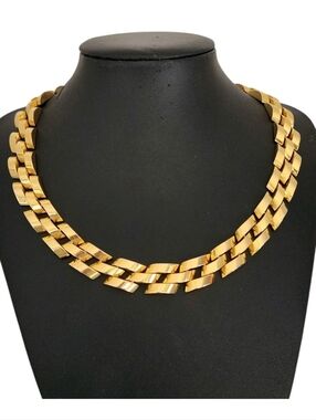 Vintage Gold Tone Geometric Link Modernist Necklace Bold Choker 17”